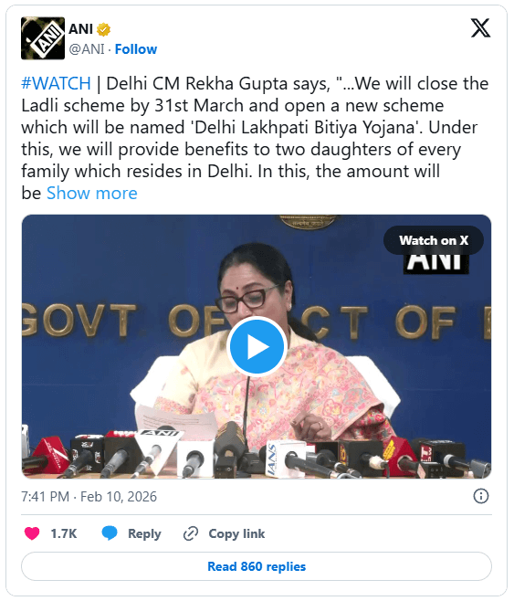 ANI tweet on Lakhpati Bitiya Yojana Delhi